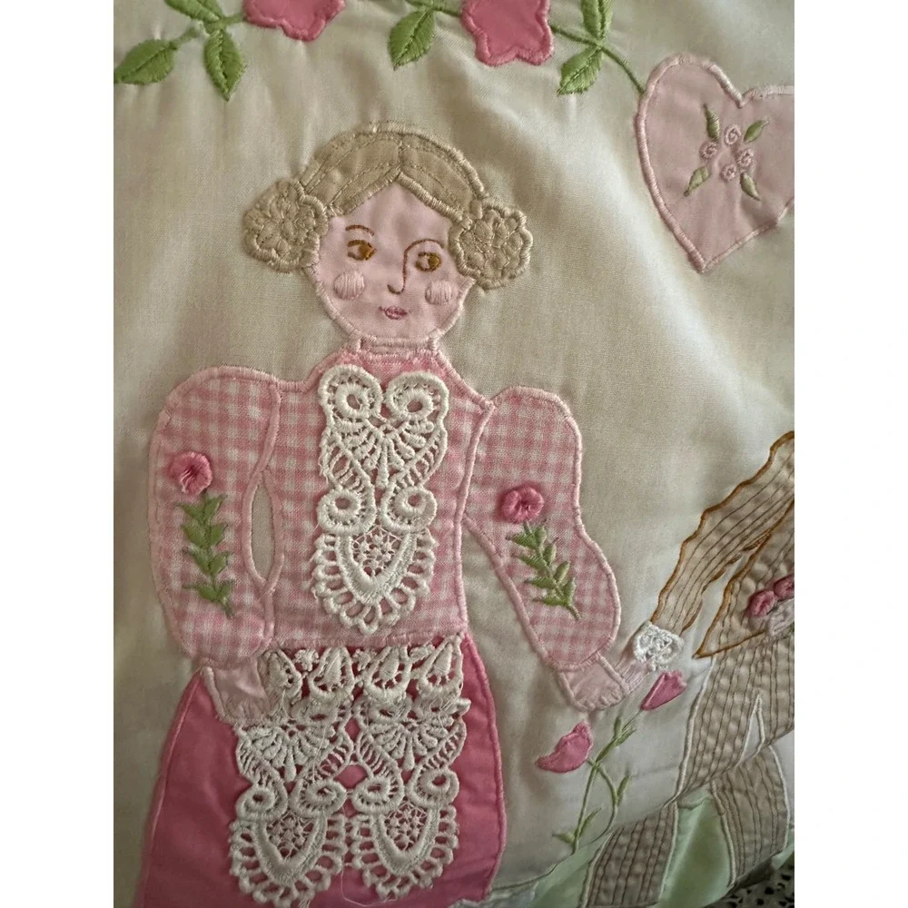 Vintage House of Hatten Applique Pillow Folk Art Victorian Couple Lace 13x13